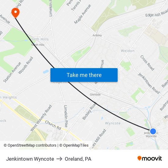 Jenkintown Wyncote to Oreland, PA map