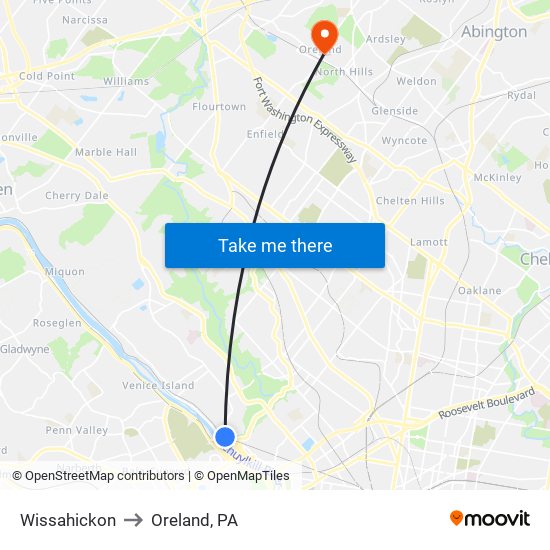 Wissahickon to Oreland, PA map