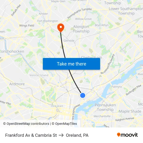 Frankford Av & Cambria St to Oreland, PA map