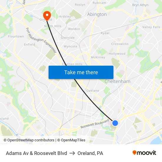 Adams Av & Roosevelt Blvd to Oreland, PA map