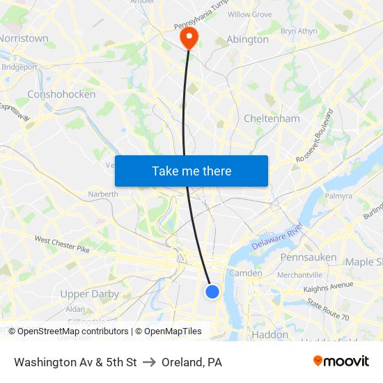 Washington Av & 5th St to Oreland, PA map