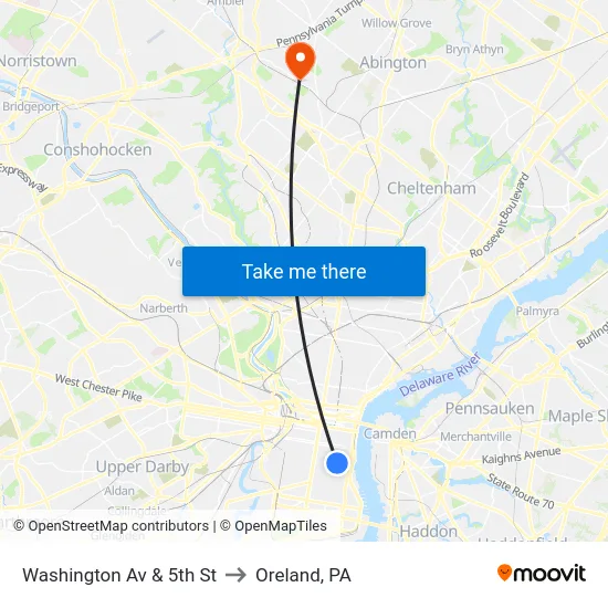 Washington Av & 5th St to Oreland, PA map
