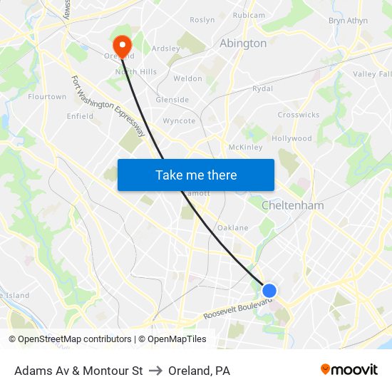 Adams Av & Montour St to Oreland, PA map