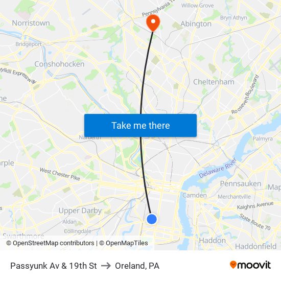 Passyunk Av & 19th St to Oreland, PA map