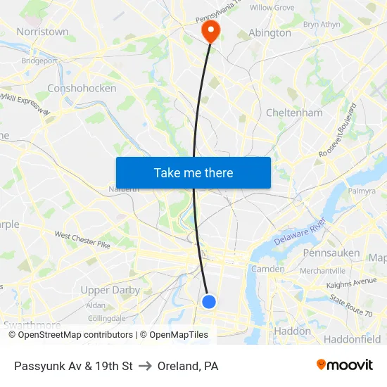 Passyunk Av & 19th St to Oreland, PA map
