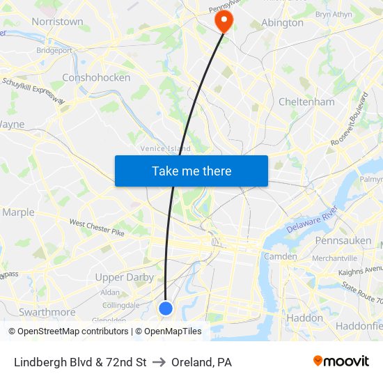 Lindbergh Blvd & 72nd St to Oreland, PA map