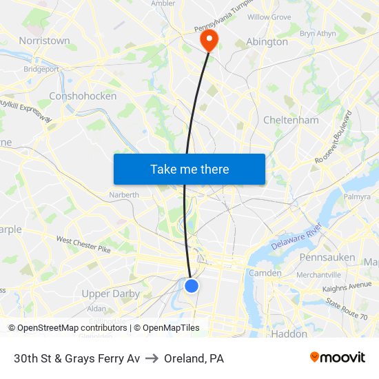 30th St & Grays Ferry Av to Oreland, PA map