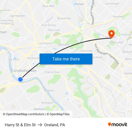 Harry St & Elm St to Oreland, PA map