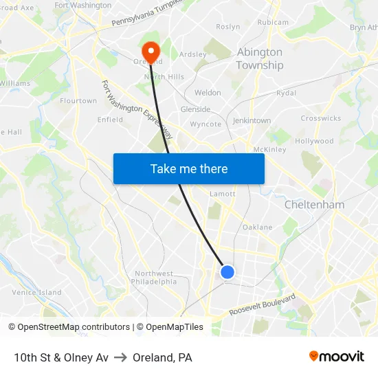 10th St & Olney Av to Oreland, PA map