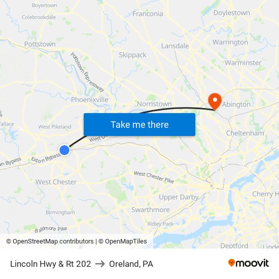 Lincoln Hwy & Rt 202 to Oreland, PA map