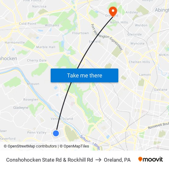 Conshohocken State Rd & Rockhill Rd to Oreland, PA map