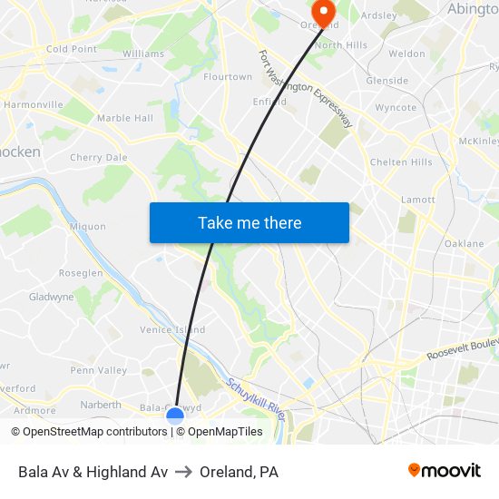 Bala Av & Highland Av to Oreland, PA map