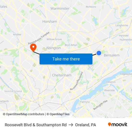 Roosevelt Blvd & Southampton Rd to Oreland, PA map