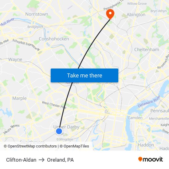 Clifton-Aldan to Oreland, PA map