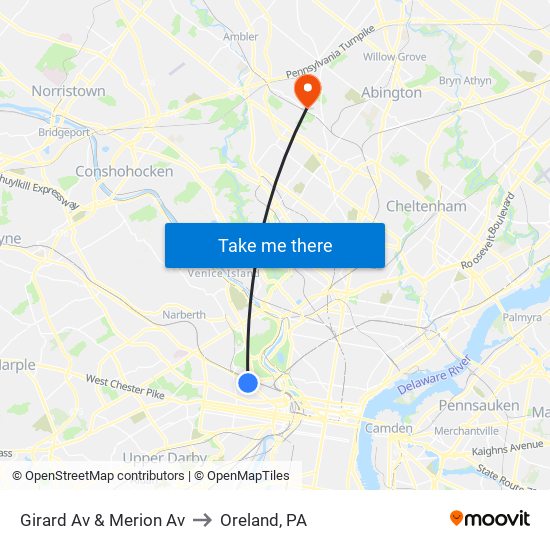 Girard Av & Merion Av to Oreland, PA map