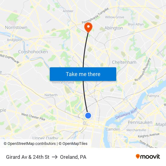 Girard Av & 24th St to Oreland, PA map