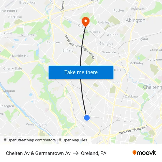 Chelten Av & Germantown Av to Oreland, PA map