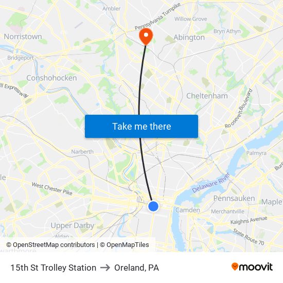 15th St Trolley Station to Oreland, PA map