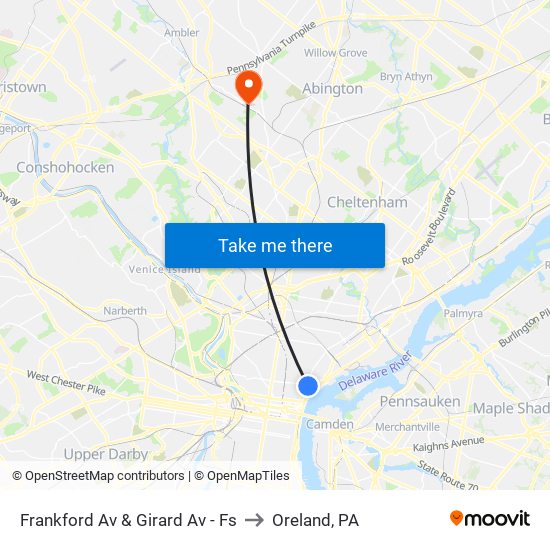Frankford Av & Girard Av - Fs to Oreland, PA map