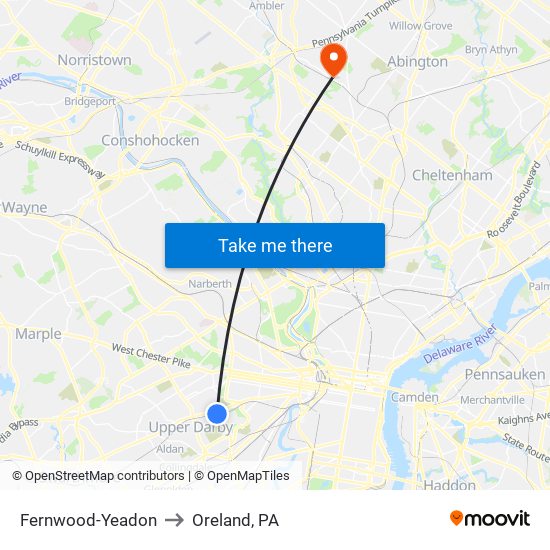 Fernwood-Yeadon to Oreland, PA map