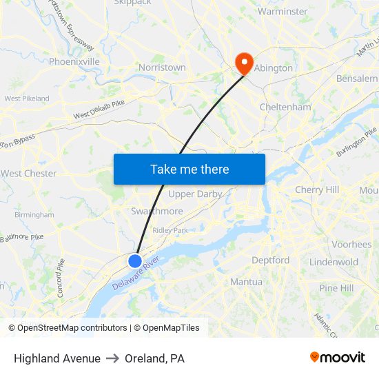 Highland Avenue to Oreland, PA map