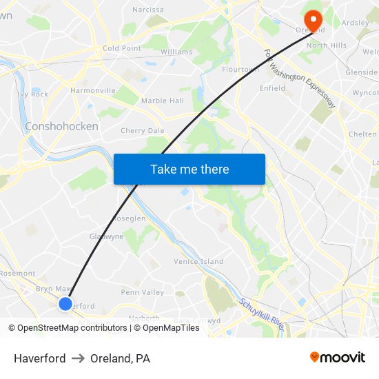 Haverford to Oreland, PA map
