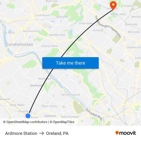 Ardmore Station to Oreland, PA map