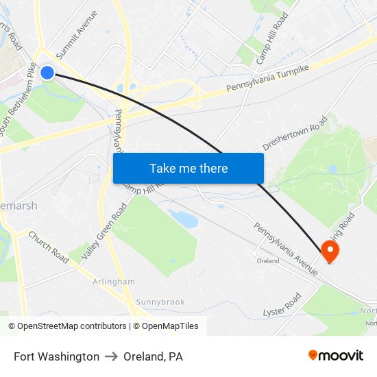 Fort Washington to Oreland, PA map