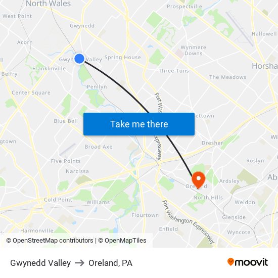 Gwynedd Valley to Oreland, PA map