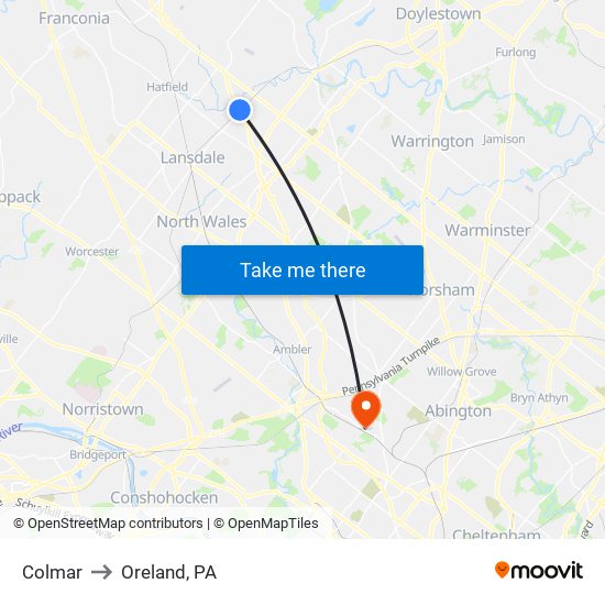 Colmar to Oreland, PA map
