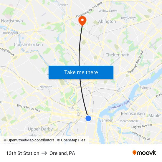 13th St Station to Oreland, PA map