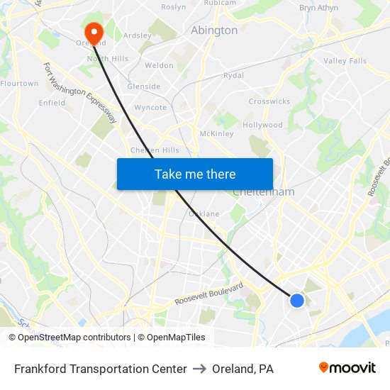 Frankford Transportation Center to Oreland, PA map