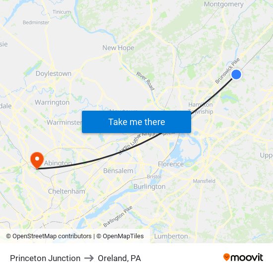 Princeton Junction to Oreland, PA map