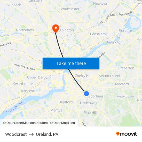Woodcrest to Oreland, PA map
