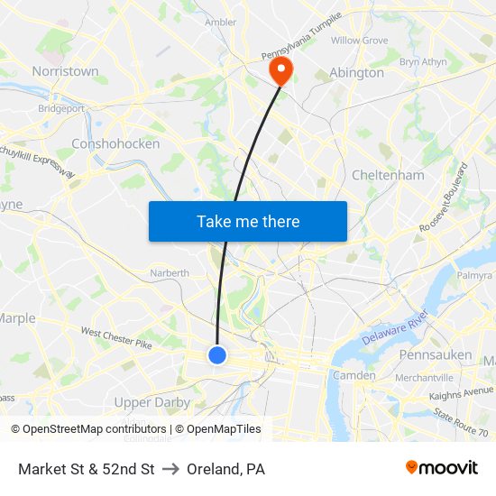 Market St & 52nd St to Oreland, PA map