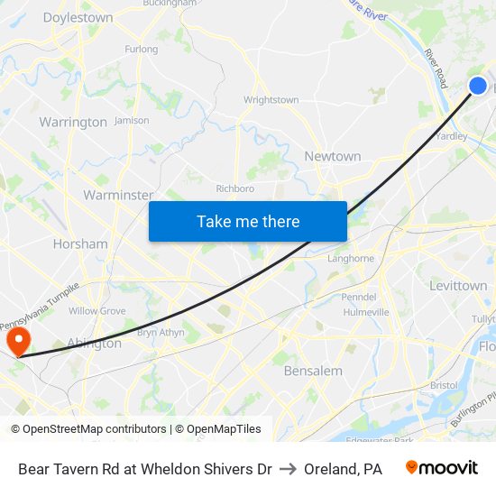 Bear Tavern Rd at Wheldon Shivers Dr to Oreland, PA map