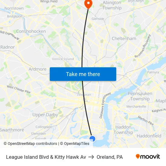 League Island Blvd & Kitty Hawk Av to Oreland, PA map