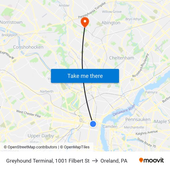 Greyhound Terminal, 1001 Filbert St to Oreland, PA map