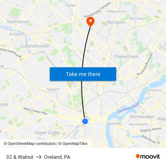 32 & Walnut to Oreland, PA map