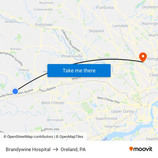 Brandywine Hospital to Oreland, PA map