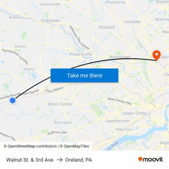 Walnut St. & 3rd Ave. to Oreland, PA map