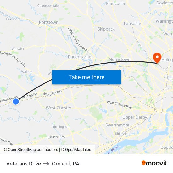 Veterans Drive to Oreland, PA map