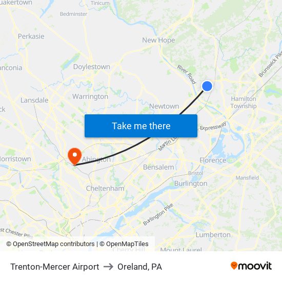 Trenton-Mercer Airport to Oreland, PA map