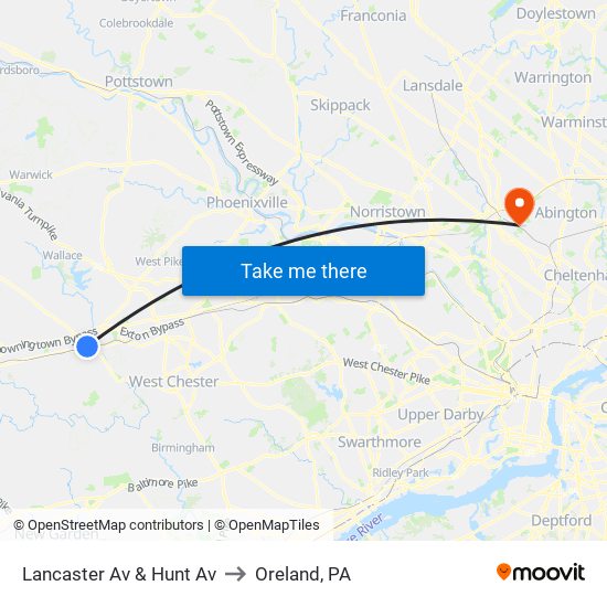 Lancaster Av & Hunt Av to Oreland, PA map