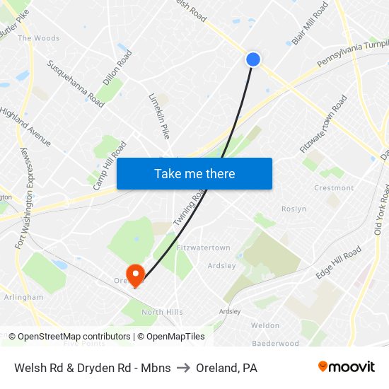 Welsh Rd & Dryden Rd - Mbns to Oreland, PA map