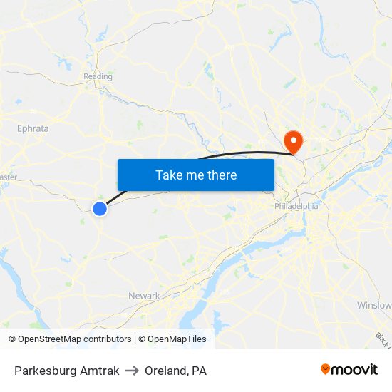 Parkesburg Amtrak to Oreland, PA map