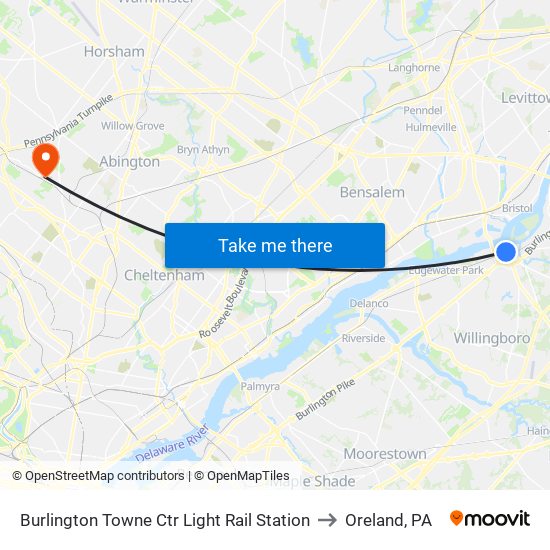 Burlington Towne Ctr Light Rail Station to Oreland, PA map