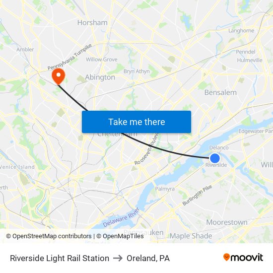 Riverside Light Rail Station to Oreland, PA map