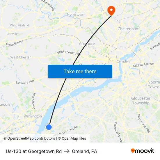Us-130 at Georgetown Rd to Oreland, PA map