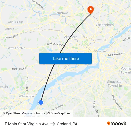E Main St at Virginia Ave to Oreland, PA map